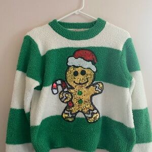 Green and White Striped Sweater with Gingerbread Design